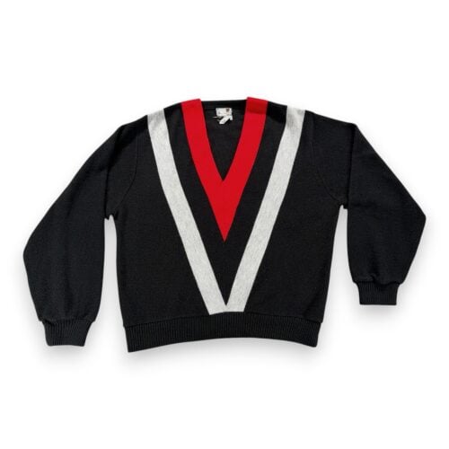 Vintage Aldens Sweater Adult LARGE Black Red V Stripe Chevron Mod Orlon USA 60s