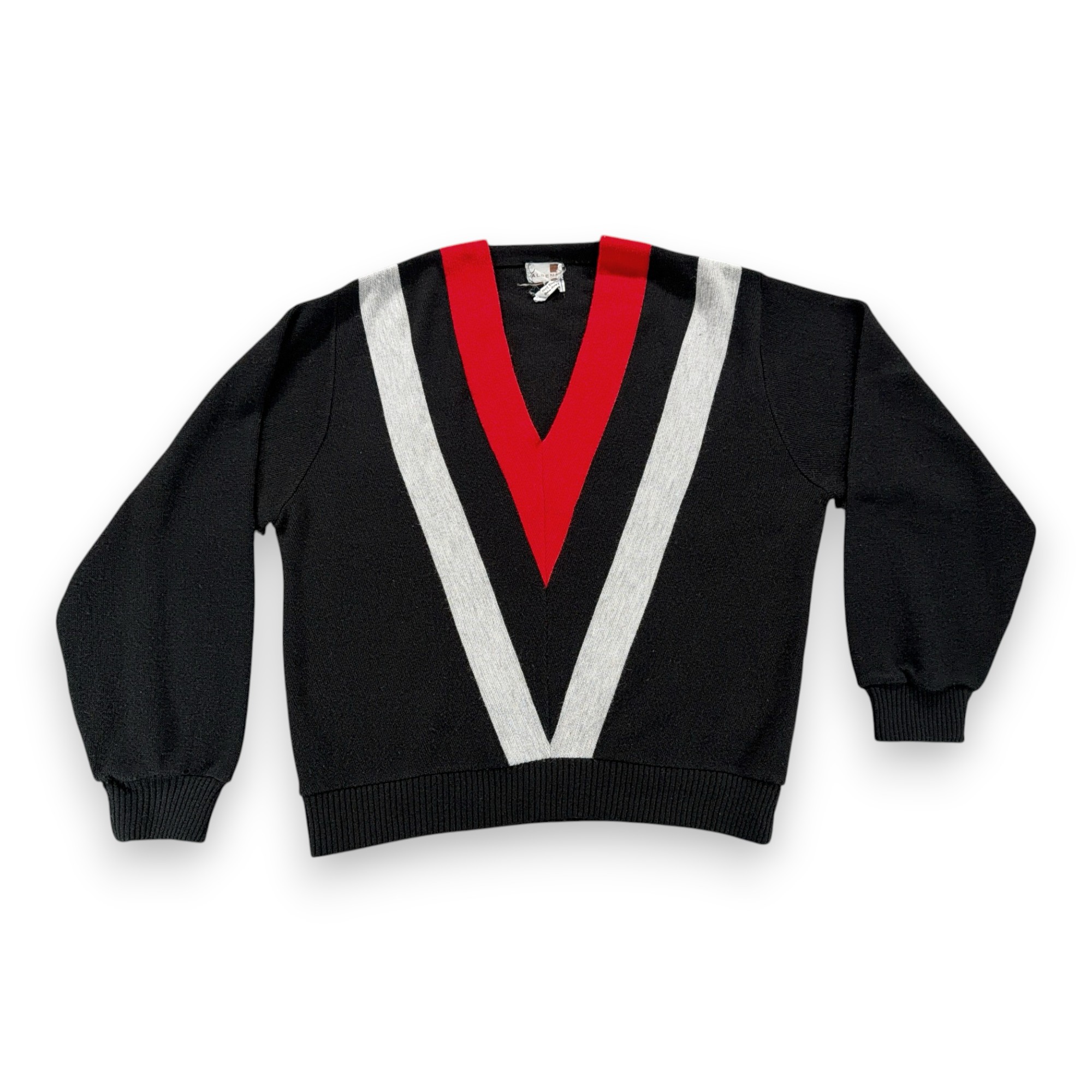 Vintage Aldens Sweater Adult LARGE Black Red V Stripe Chevron Mod Orlon USA 60s