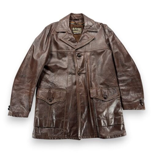 Vintage Sears Coat Adult MEDIUM Brown Leather Shop Car Coat Faux Fur USA 70s