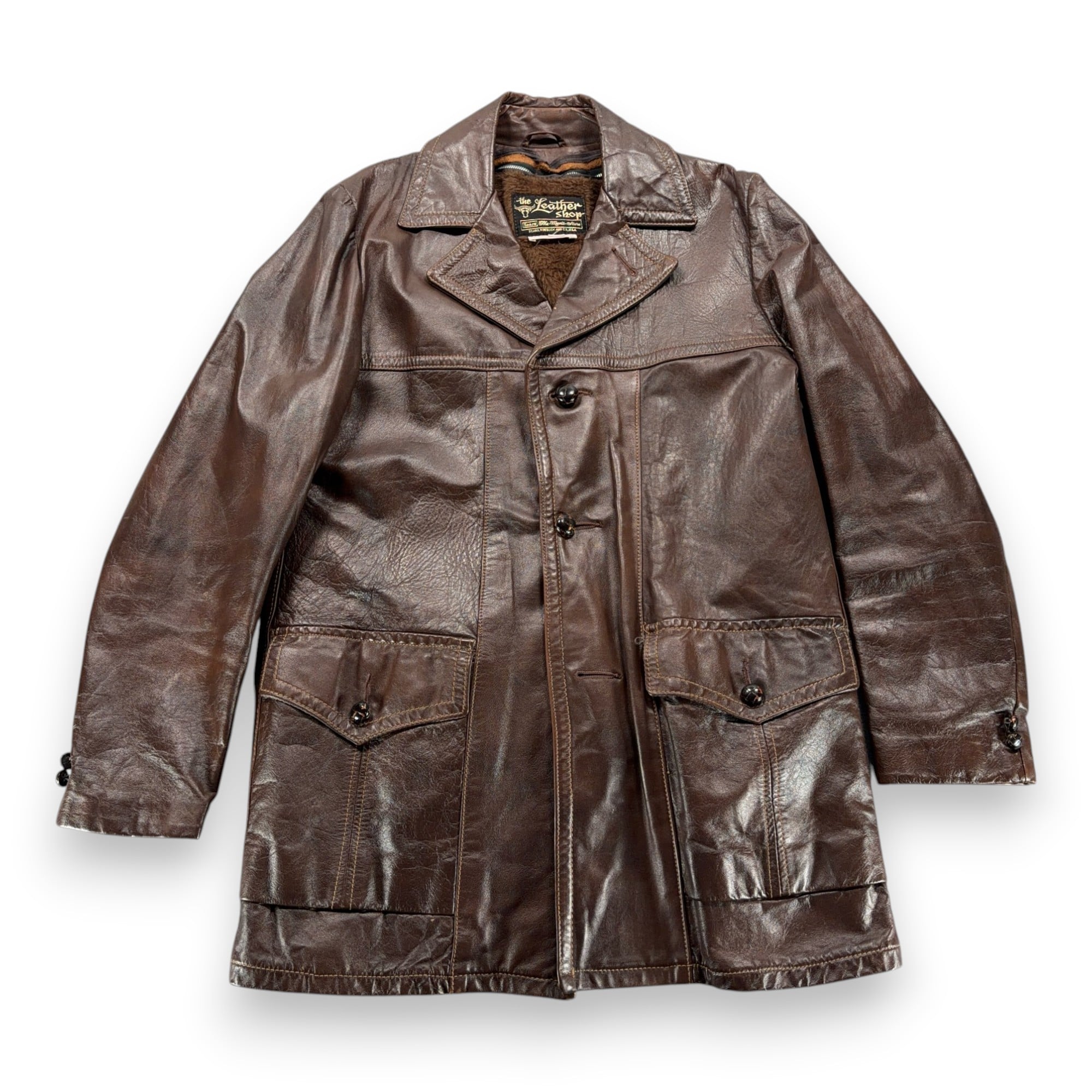 Vintage Sears Coat Adult MEDIUM Brown Leather Shop Car Coat Faux Fur USA 70s-1 Vintage Sears Coat Adult MEDIUM Brown Leather Shop Car Coat Faux Fur USA 70s