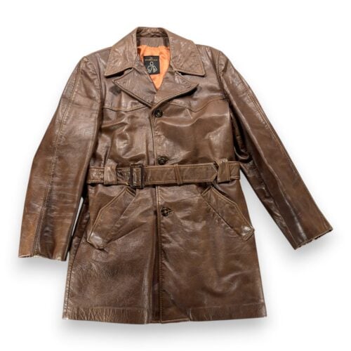 Vintage Puritan Coat Adult MEDIUM Brown Leather Belted Spy Car Coat Belted 70s