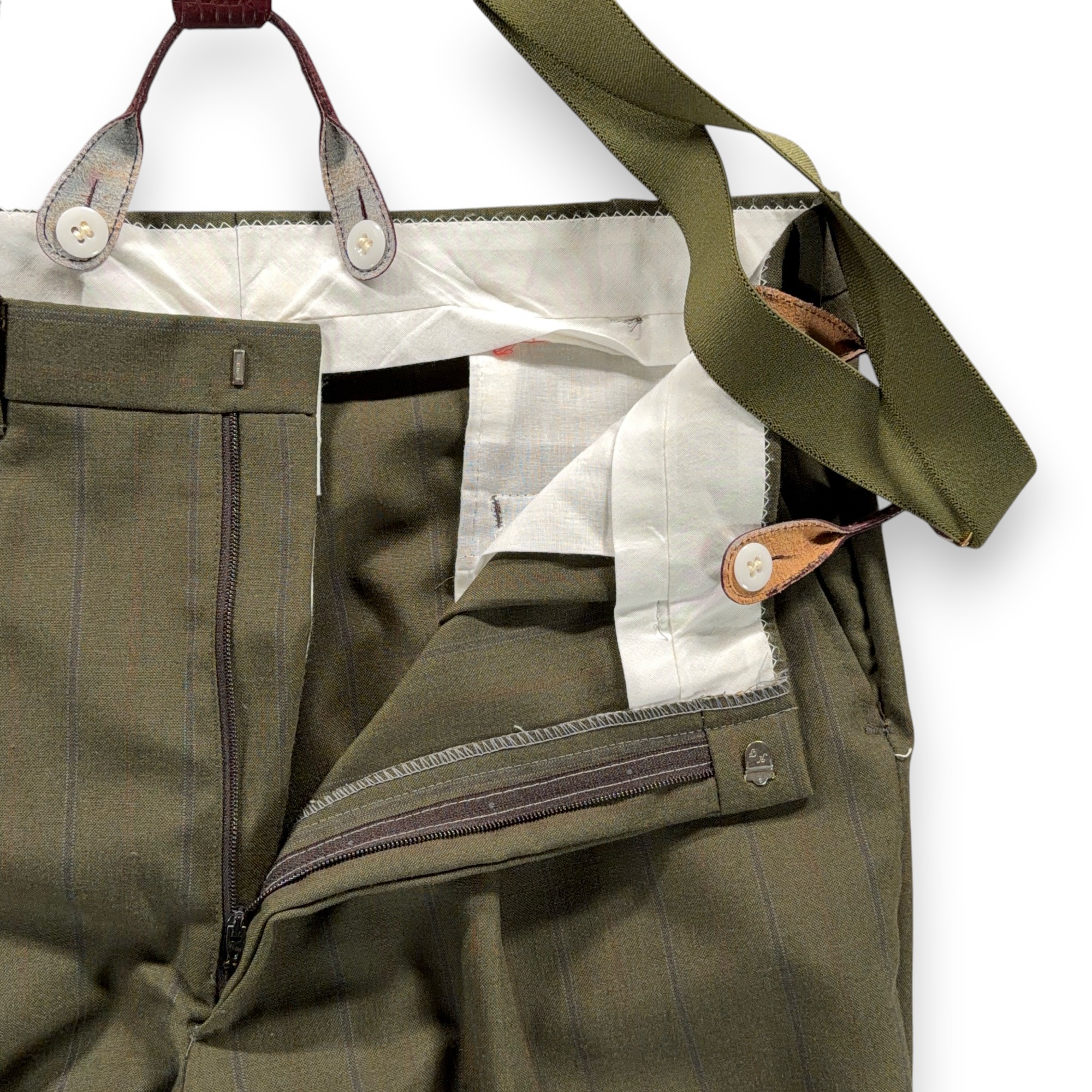 Vintage Falcone Suit Mens 44 36x30 Green Double Breasted Suspenders 2pc USA 80s-14 Vintage Falcone Suit Mens 44 36x30 Green Double Breasted Suspenders 2pc USA 80s