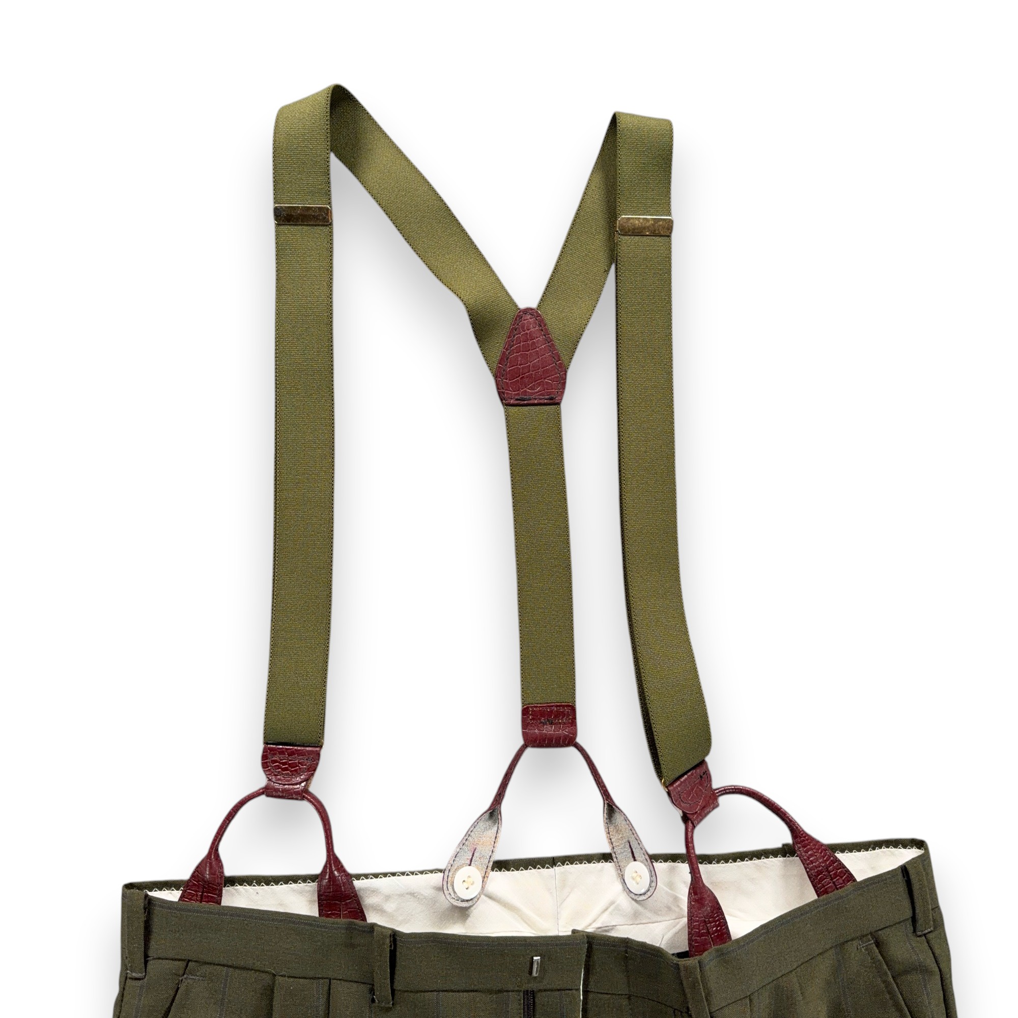 Vintage Falcone Suit Mens 44 36x30 Green Double Breasted Suspenders 2pc USA 80s-16 Vintage Falcone Suit Mens 44 36x30 Green Double Breasted Suspenders 2pc USA 80s