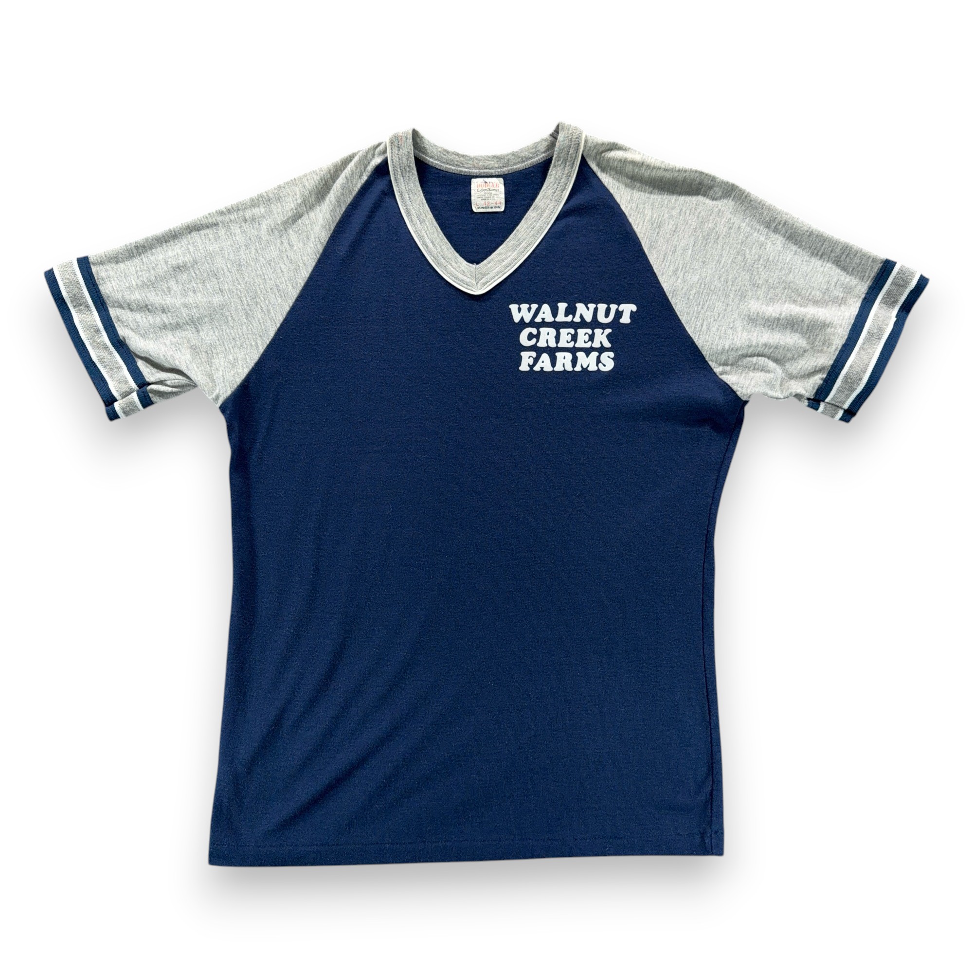 Vintage Walnut Creek Farms Shirt Adult LARGE Blue Gray V Neck Raglan USA 70s-1 Vintage Walnut Creek Farms Shirt Adult LARGE Blue Gray V Neck Raglan USA 70s