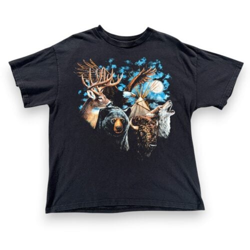 Wildlife Shirt Adult LARGE Black Wolf Bear Deer Eagle Buffalo Nature Spirit Y2K