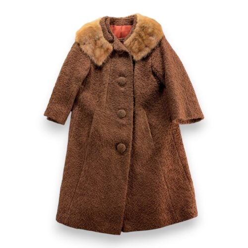 Vintage Coronet Coat Womens MEDIUM Brown Swing Fur Collar Boucle Union USA 60s