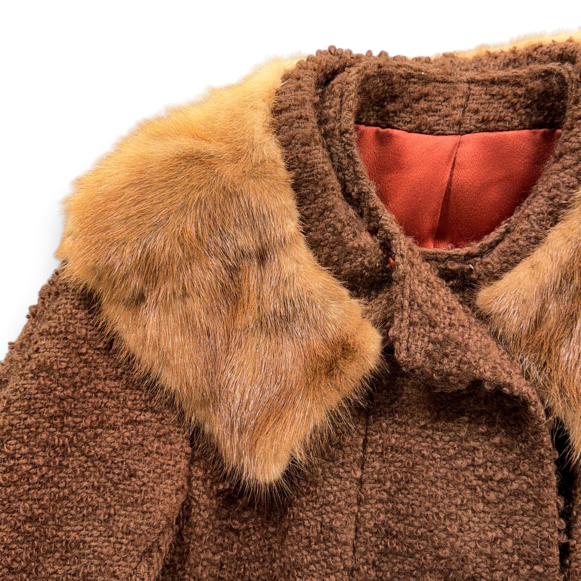 Vintage Coronet Coat Womens MEDIUM Brown Swing Fur Collar Boucle Union USA 60s-2 Vintage Coronet Coat Womens MEDIUM Brown Swing Fur Collar Boucle Union USA 60s