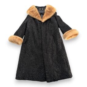 Vintage Donenfelds Coat Womens MEDIUM Black Mink Collar Faux Persian Lamb 50s