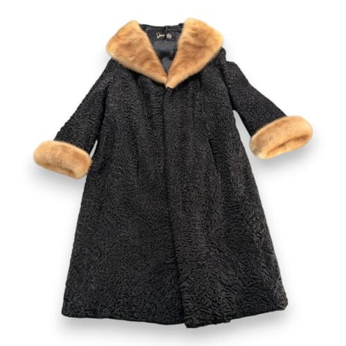Vintage Donenfelds Coat Womens MEDIUM Black Mink Collar Faux Persian Lamb 50s
