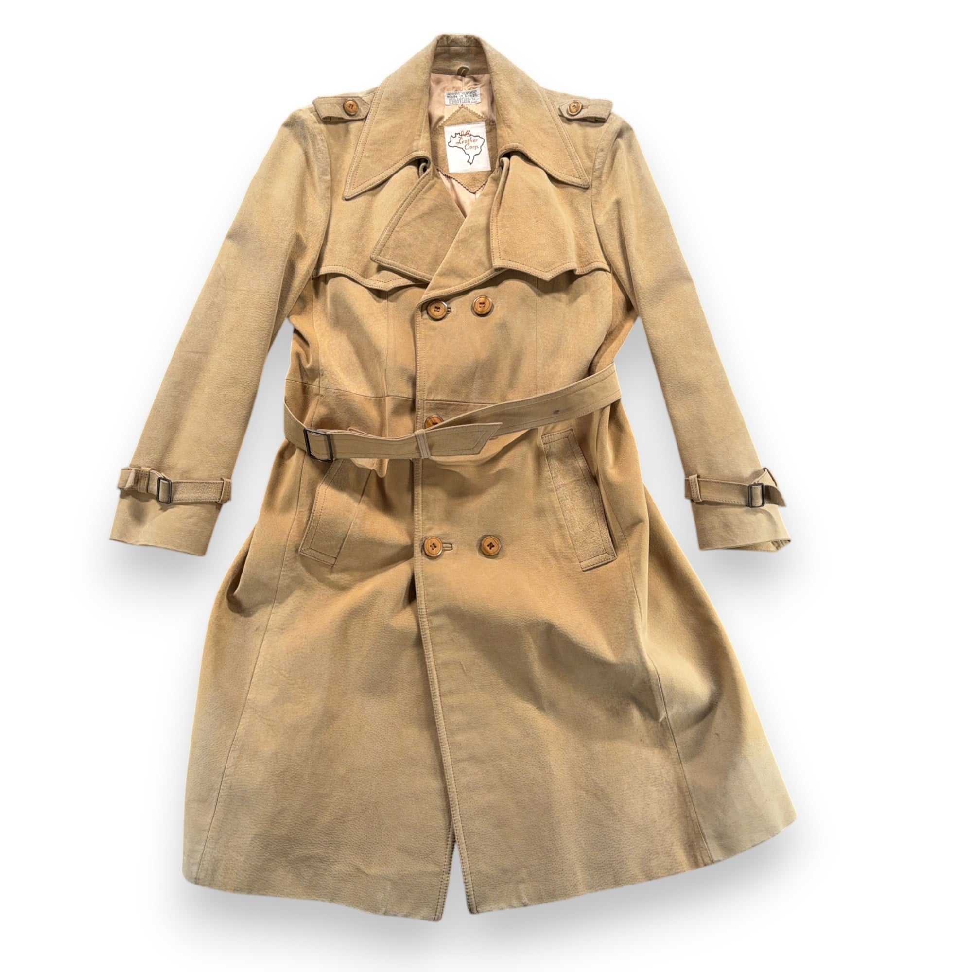 Vintage Suede Trench Coat Mens 42 Brown Leather Double Breasted Belt Bazil 70s-1 Vintage Suede Trench Coat Mens 42 Brown Leather Double Breasted Belt Bazil 70s