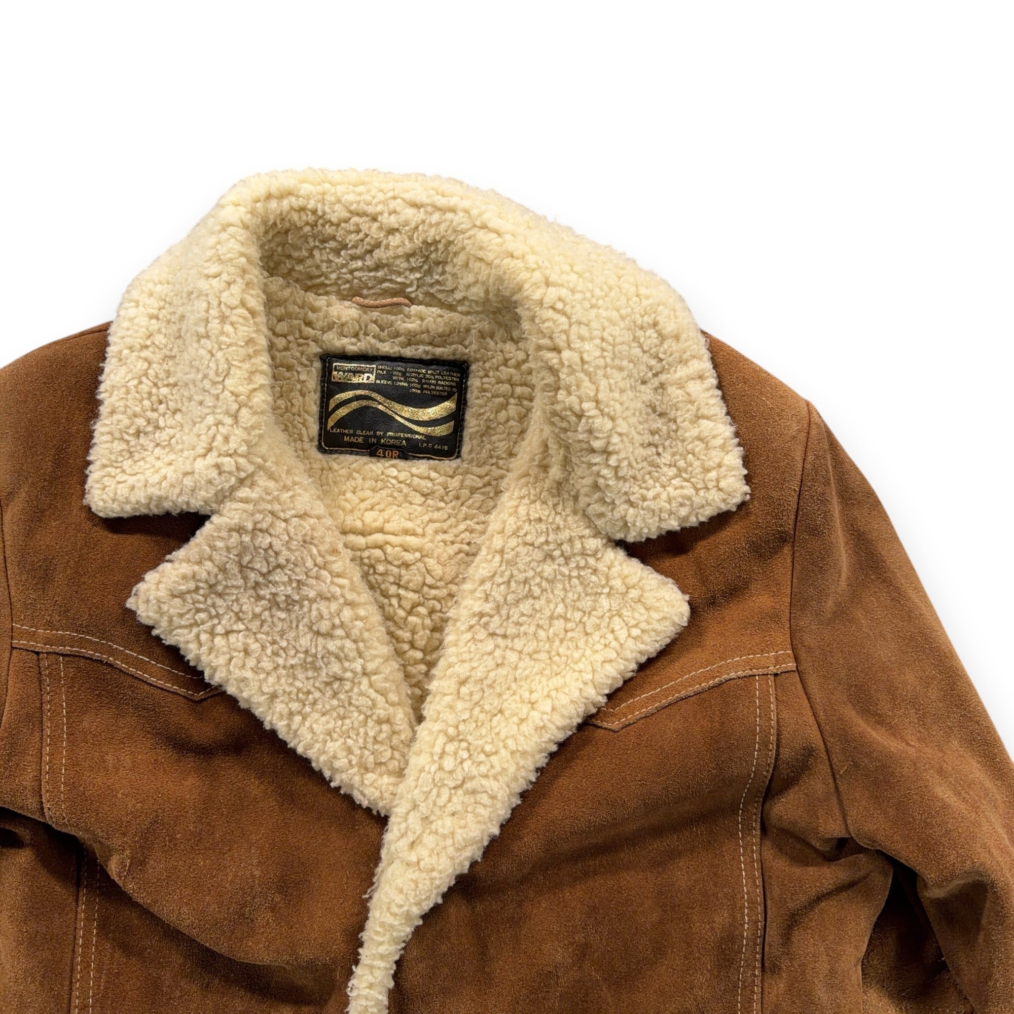 Vintage Montgomery Ward Jacket Adult LARGE Brown Leather Sherpa Rancher Coat 70s-2 Vintage Montgomery Ward Jacket Adult LARGE Brown Leather Sherpa Rancher Coat 70s