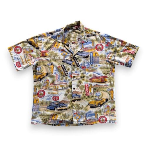 Vintage Route 66 Hawaiian Shirt Adult EXTRA LARGE Brown Pin Up States USA 90s