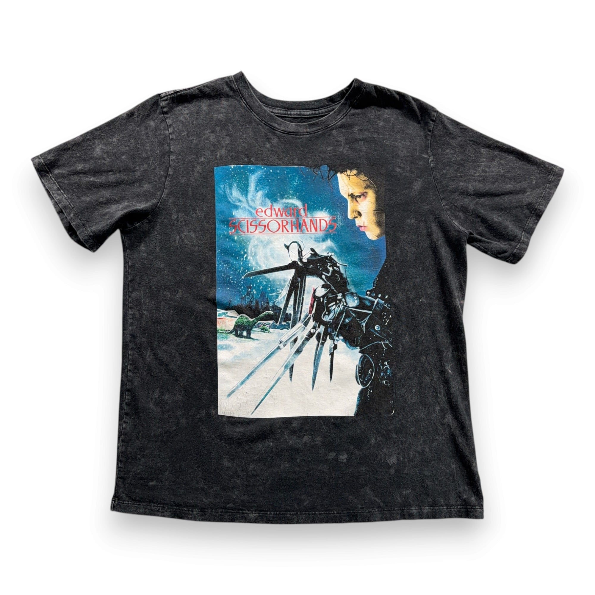 Edward Scissorhands Shirt Adult LARGE Black Acid Wash Movie Poster Burton Goth-1 Edward Scissorhands Shirt Adult LARGE Black Acid Wash Movie Poster Burton Goth