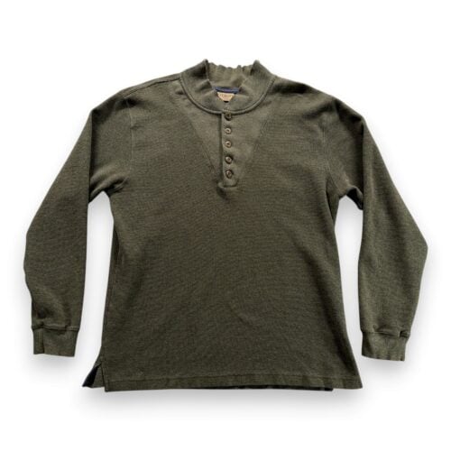 Vintage LL Bean Sweater Adult MEDIUM Green Henley Mock Neck Knit Military Y2K
