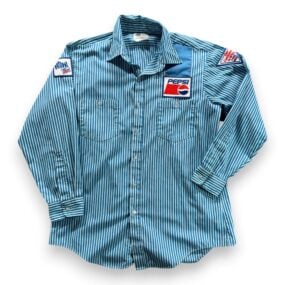 Vintage Pepsi Work Shirt Mens LARGE Blue White Striped Uniform Patches USA 90s
