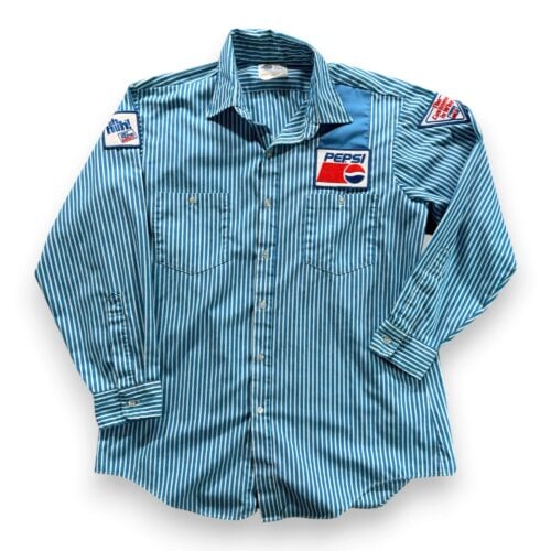 Vintage Pepsi Work Shirt Mens LARGE Blue White Striped Uniform Patches USA 90s