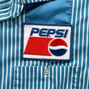 Vintage Pepsi Work Shirt Mens LARGE Blue White Striped Uniform Patches USA 90s