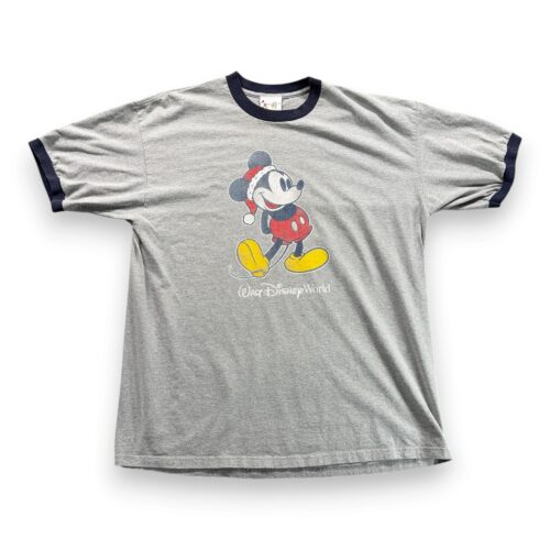 Vintage Mickey Mouse Shirt Adult 2XL XXL Gray Ringer Santa Disney Christmas Y2