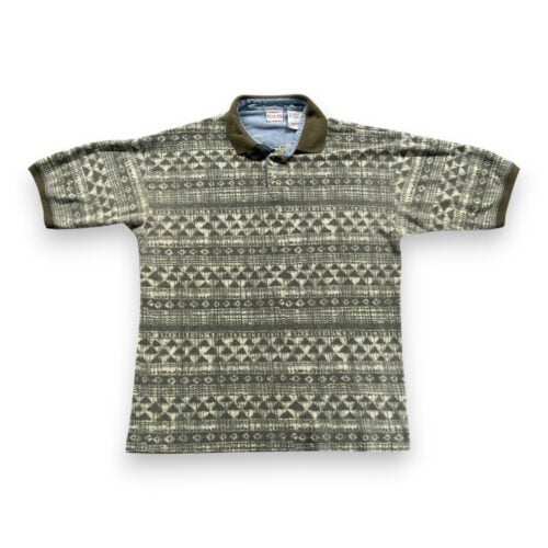 Vintage Bugle Boy Polo Shirt Adult LARGE Green Tribal Geometric Chambray 90s