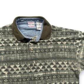 Vintage Bugle Boy Polo Shirt Adult LARGE Green Tribal Geometric Chambray 90s
