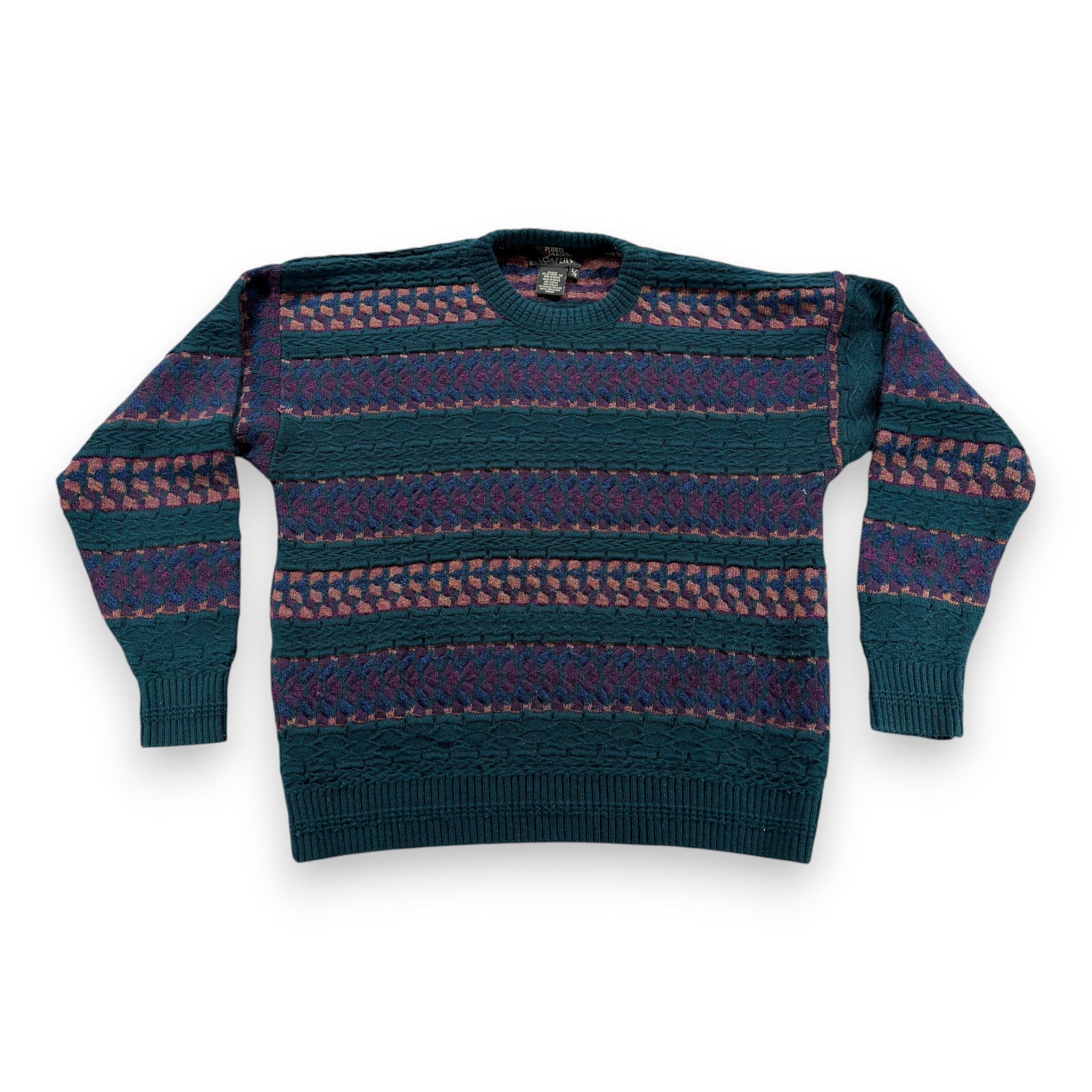 Vintage Reed St James Sweater Adult LARGE Green Purple Textured Knit Striped 90s-1 Vintage Reed St James Sweater Adult LARGE Green Purple Textured Knit Striped 90s