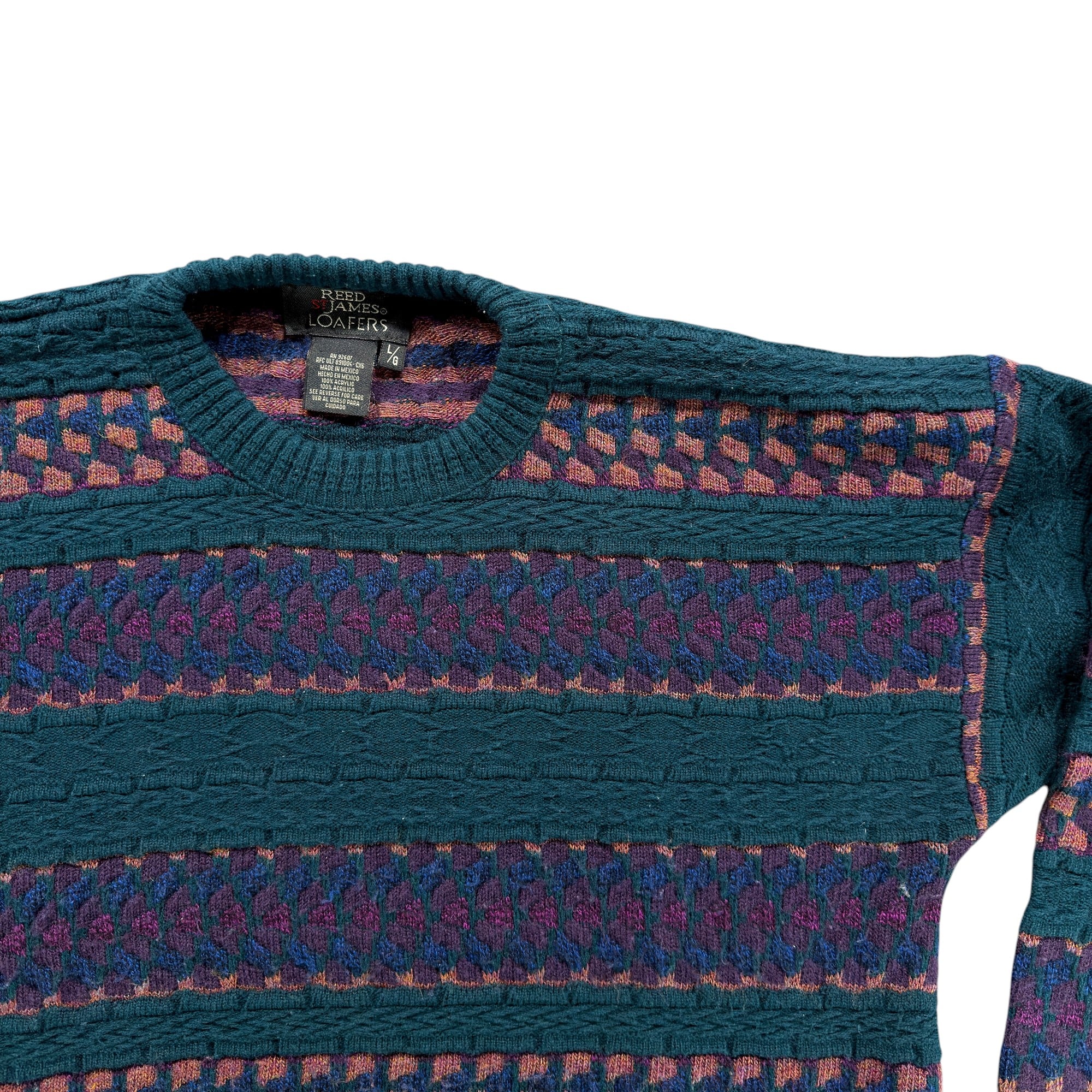 Vintage Reed St James Sweater Adult LARGE Green Purple Textured Knit Striped 90s-2 Vintage Reed St James Sweater Adult LARGE Green Purple Textured Knit Striped 90s
