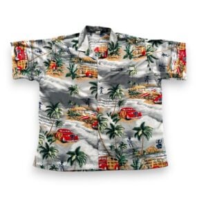 Vintage Hawaiian Shirt Adult EXTRA LARGE Gray Woody Wagon Surf Palm Trees 80s