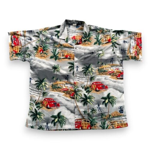 Vintage Hawaiian Shirt Adult EXTRA LARGE Gray Woody Wagon Surf Palm Trees 80s