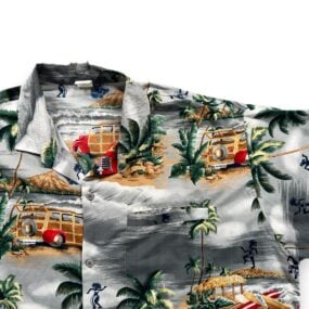 Vintage Hawaiian Shirt Adult EXTRA LARGE Gray Woody Wagon Surf Palm Trees 80s