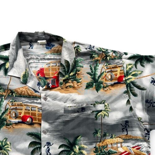 Vintage Hawaiian Shirt Adult EXTRA LARGE Gray Woody Wagon Surf Palm Trees 80s-2 Vintage Hawaiian Shirt Adult EXTRA LARGE Gray Woody Wagon Surf Palm Trees 80s