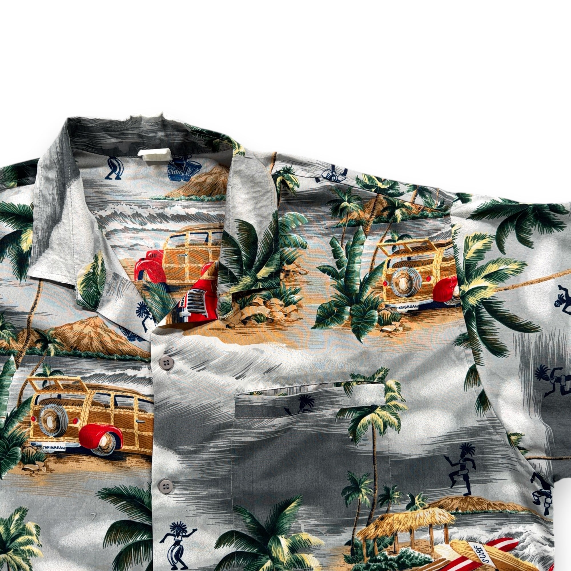 Vintage Hawaiian Shirt Adult EXTRA LARGE Gray Woody Wagon Surf Palm Trees 80s-2 Vintage Hawaiian Shirt Adult EXTRA LARGE Gray Woody Wagon Surf Palm Trees 80s