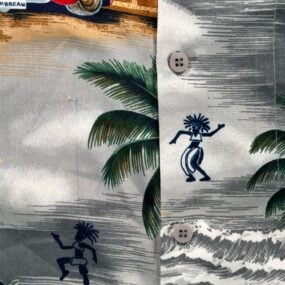 Vintage Hawaiian Shirt Adult EXTRA LARGE Gray Woody Wagon Surf Palm Trees 80s